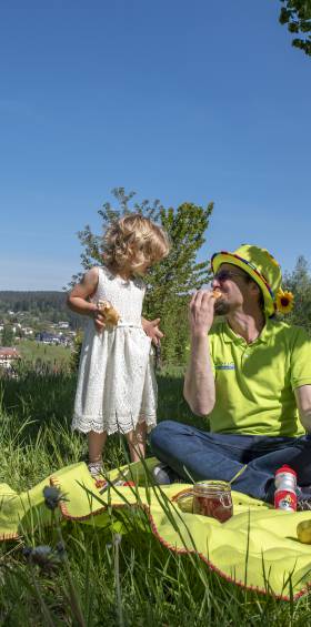 Kinder genießen ein Picknick auf der Wiese, Outdoor-Aktivität in der Kinderbetreuung